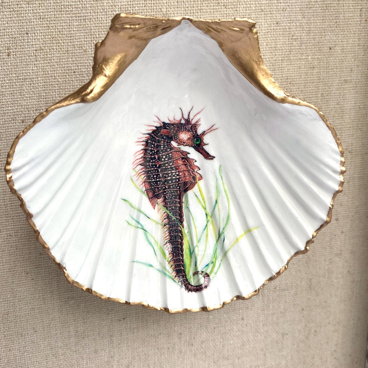Decoupage Scallop Shell Trinket Dish Seahorse Art
