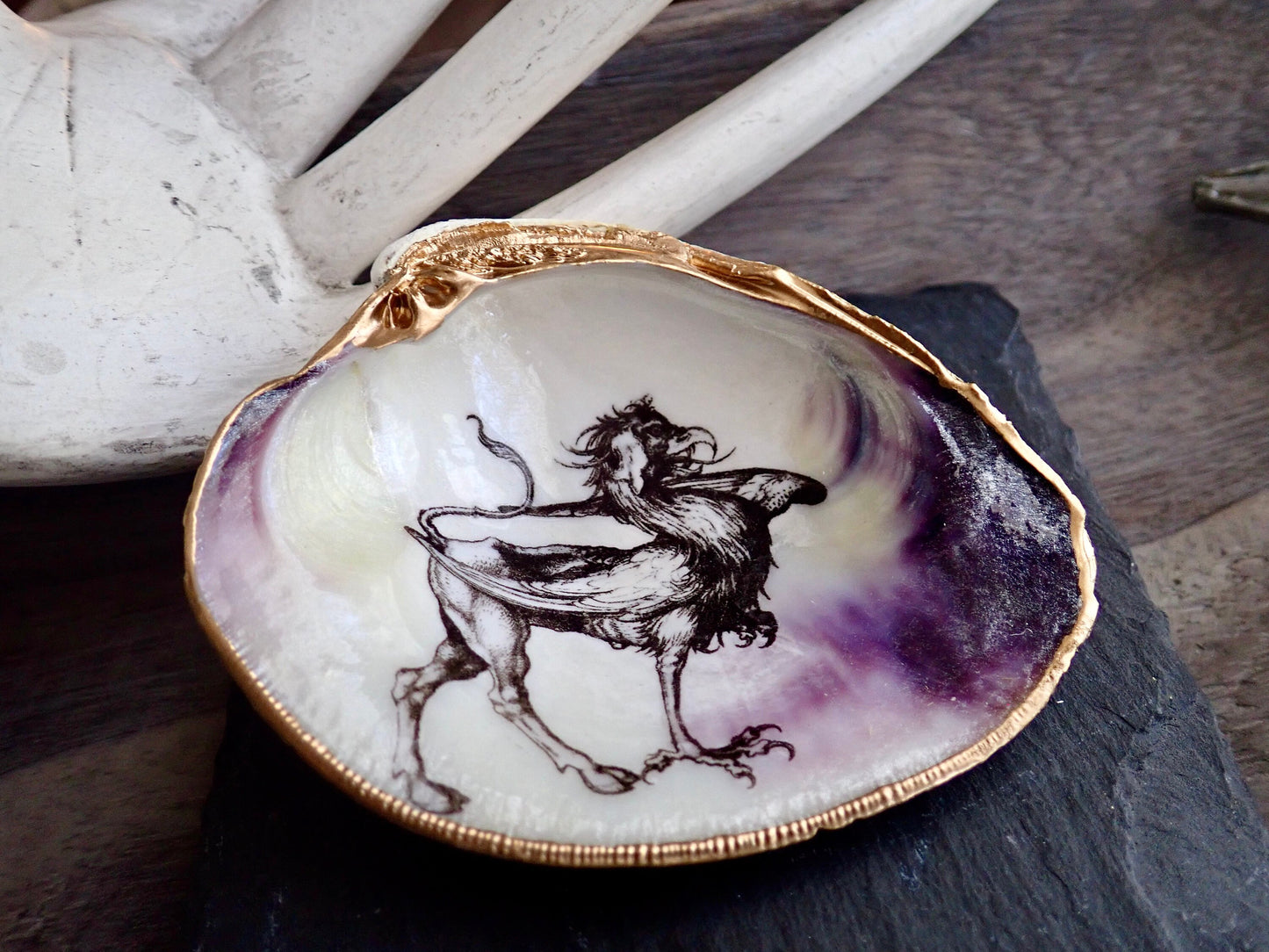 Decoupage Clam Shell Trinket Dish Mythical Griffin Art