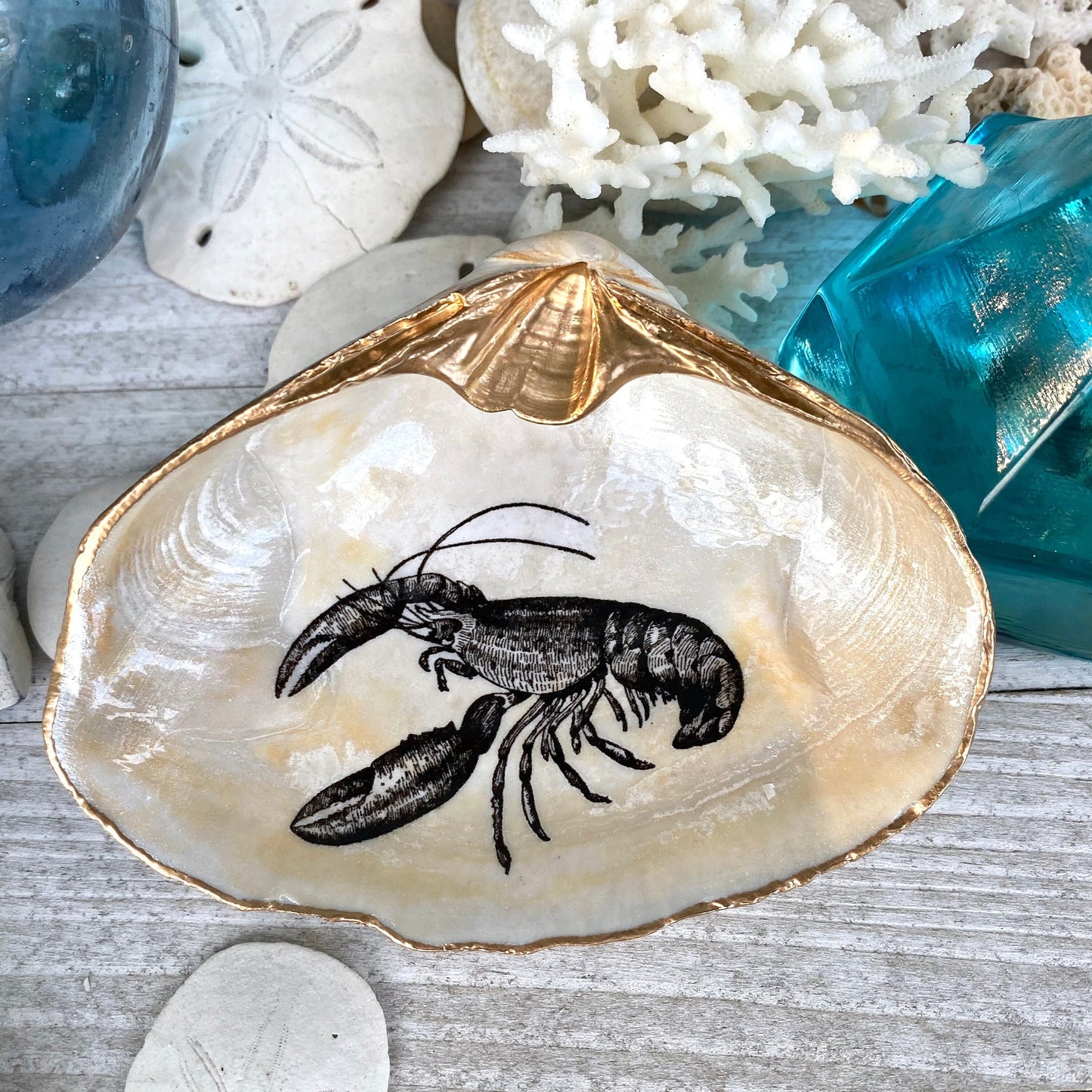 Decoupage Lobster Clam Shell Ring Dish – Coastal Jewelry Holder, Nautical Gift