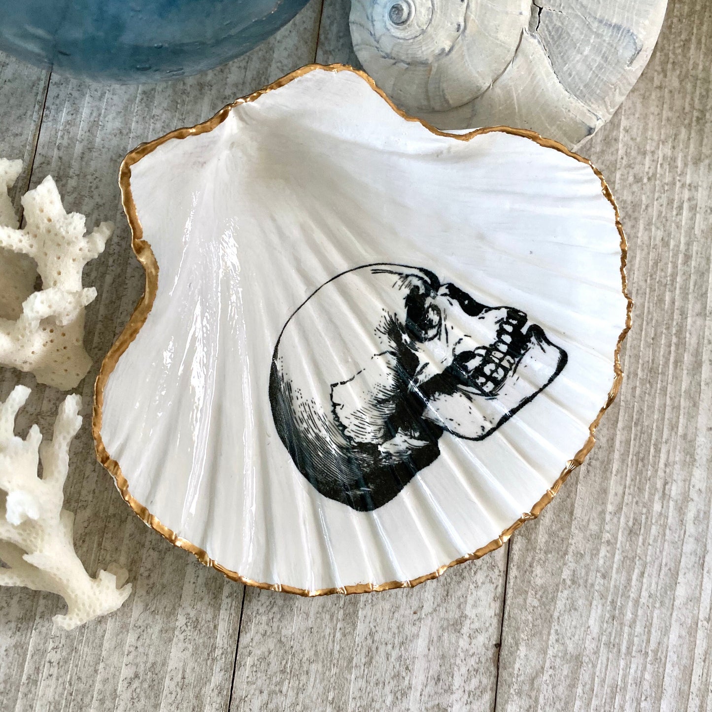 Decoupage Scallop Shell Trinket Dish Skull Art