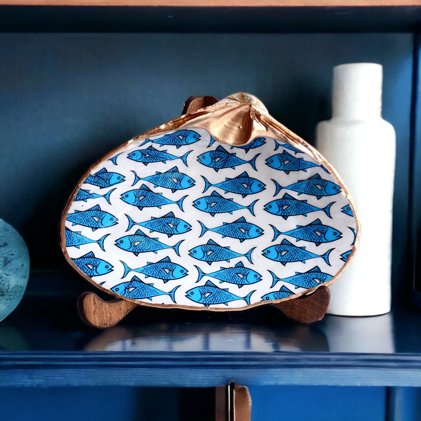 Decoupage Blue & White Clam Shell Ring Dish – Fish Art Coastal Jewelry Holder, Nautical Gift