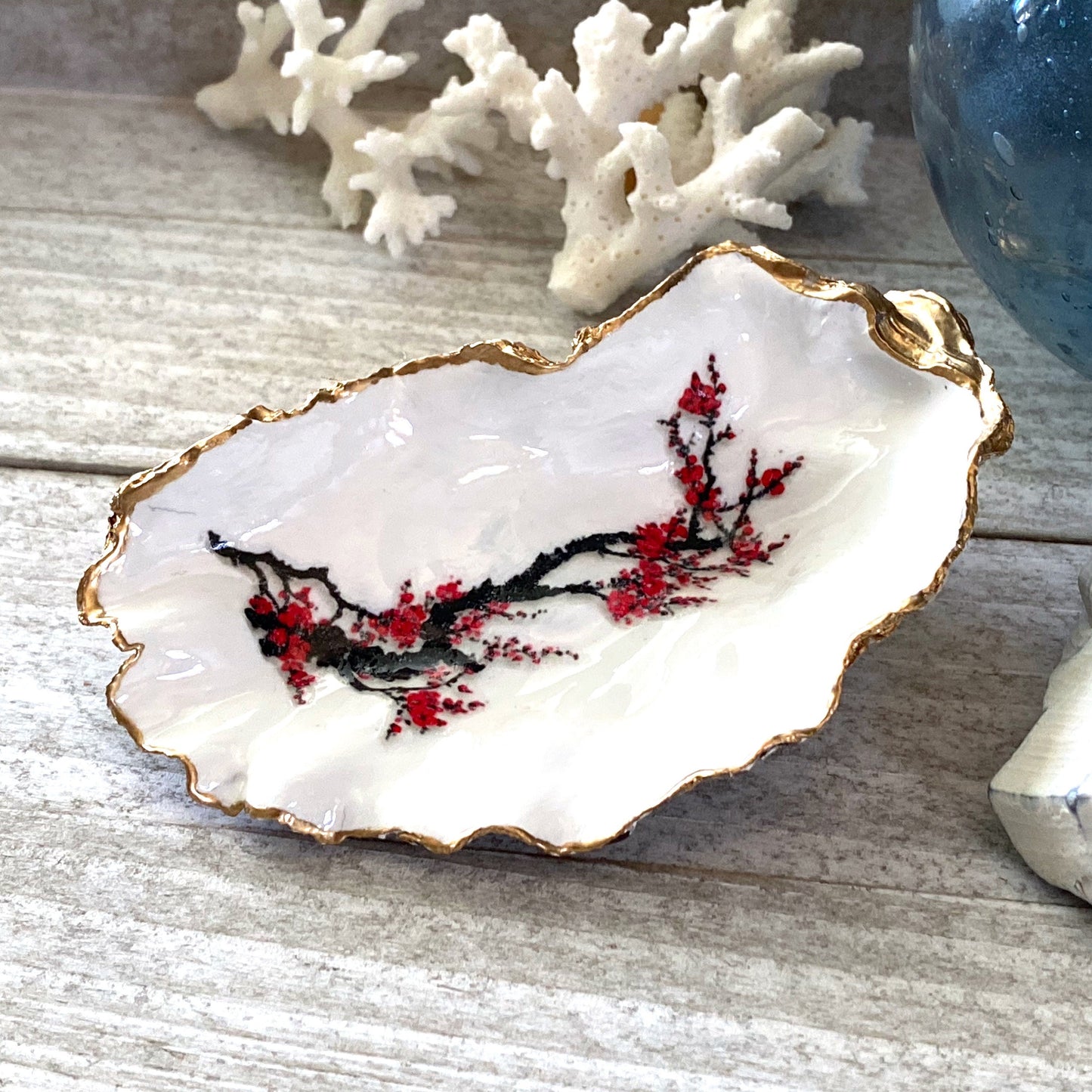 Decoupage Oyster Shell Trinket Dish Cherry Blossom Art