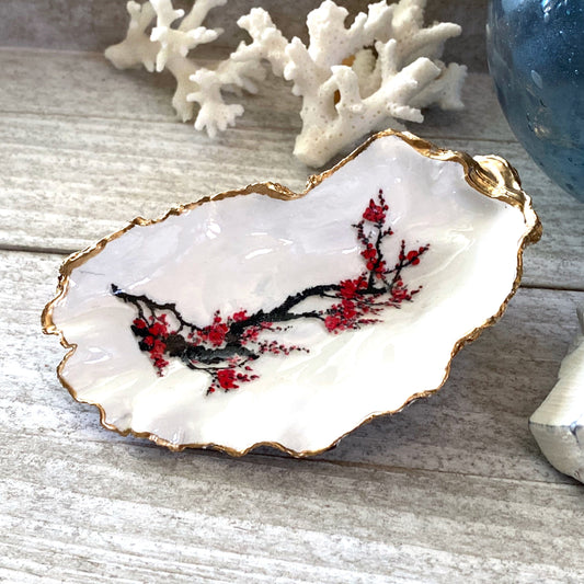Decoupage Oyster Shell Trinket Dish Cherry Blossom Art