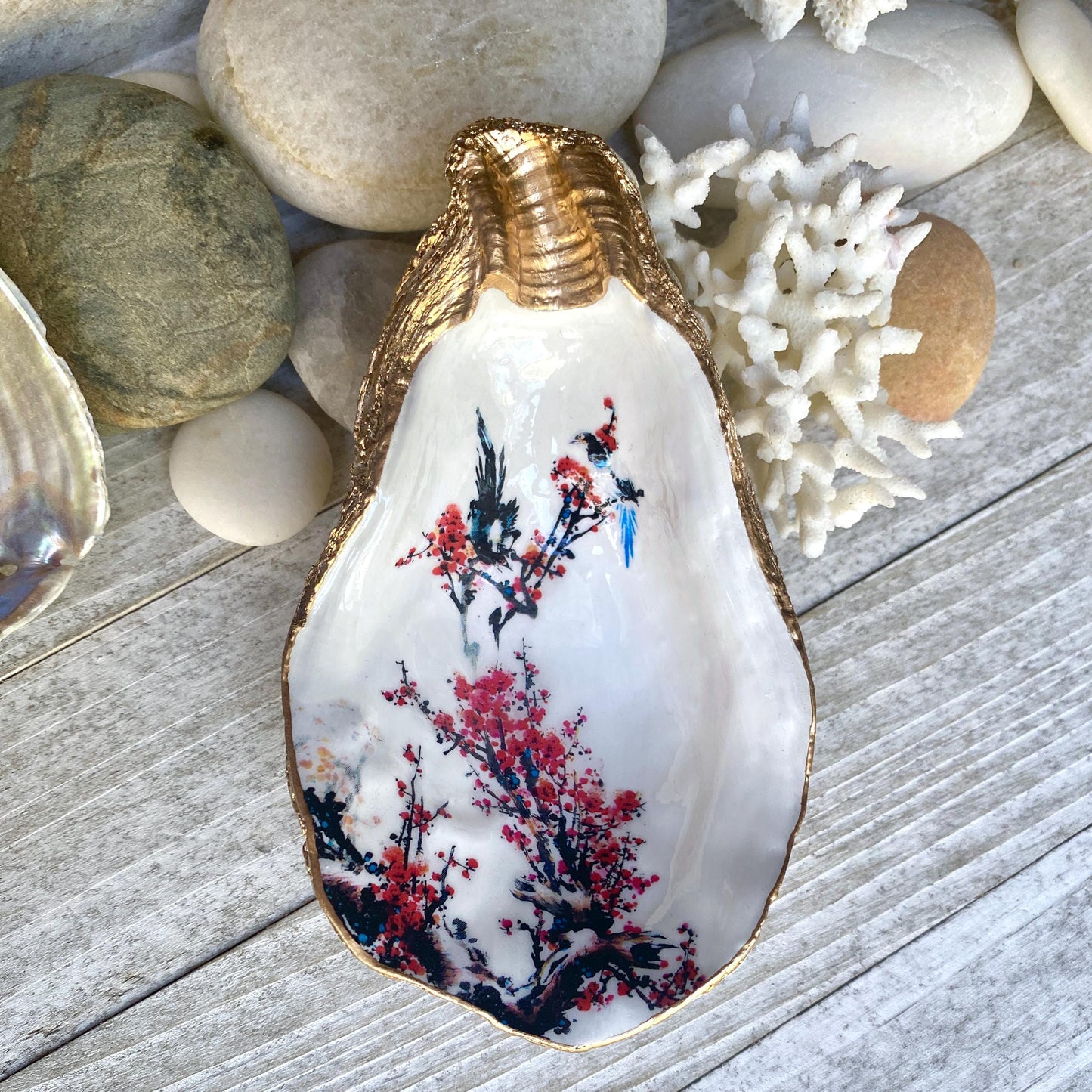 Cherry Blossom Oyster Shell Trinket Dish – Hand-Crafted Decoupage Art