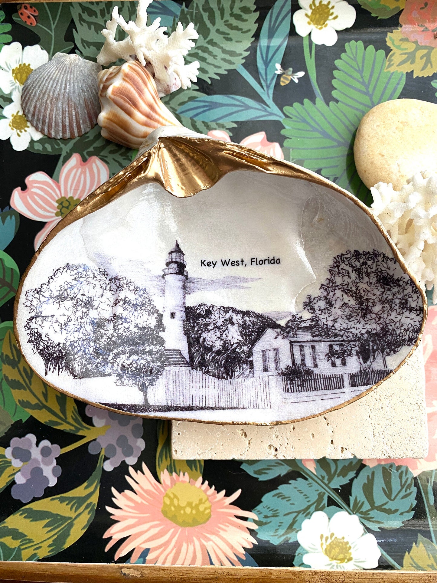 Decoupage Clam Shell Trinket Dish Key West Lighthouse Art