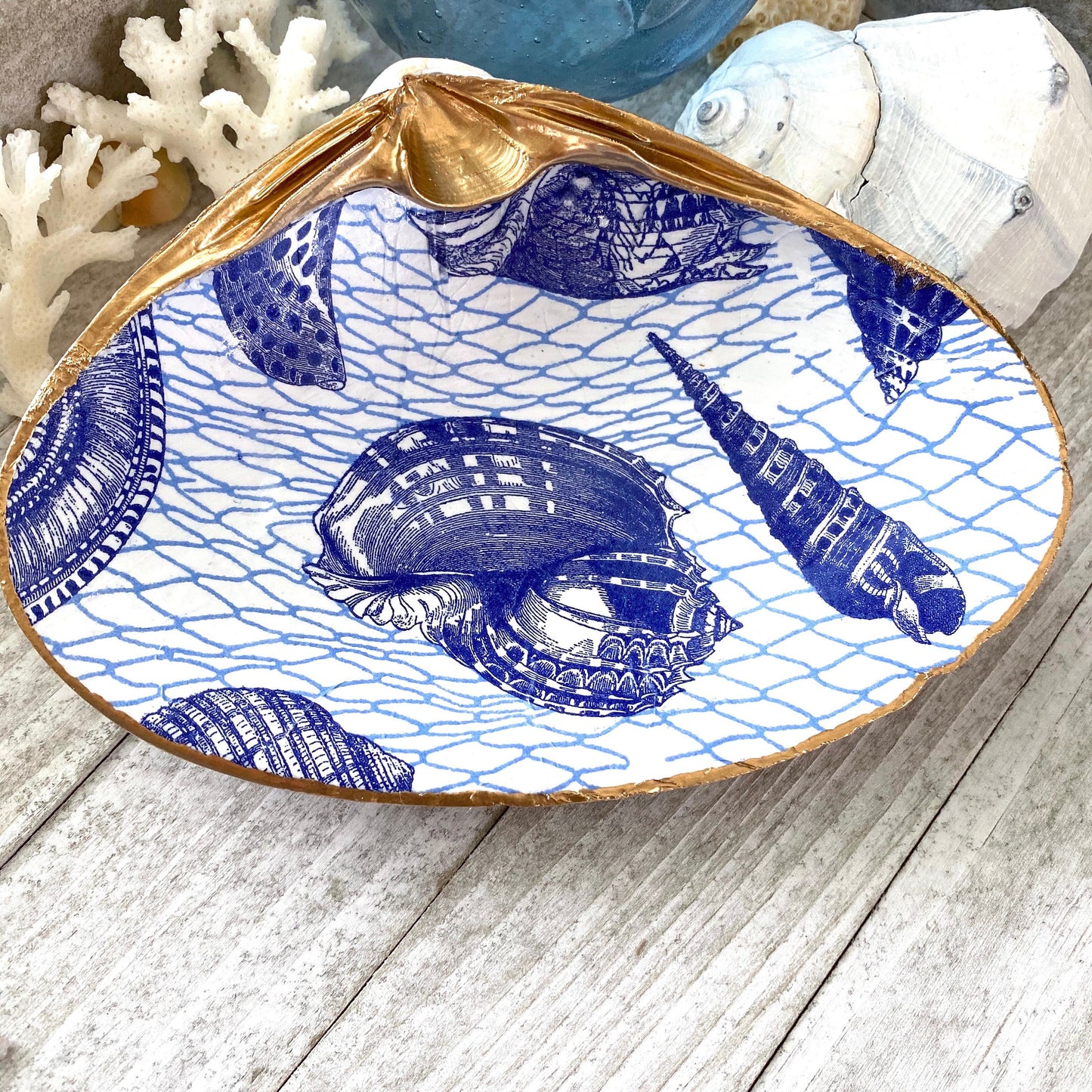 Decoupage Clam Shell Jewelry Dish – Blue & White Coastal Accent, Nautical Gift