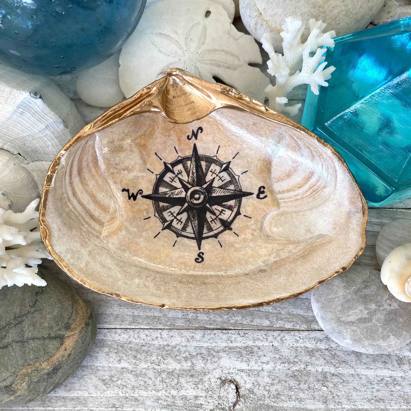 Decoupage Clam Shell Nautical Compass Art Trinket Dish