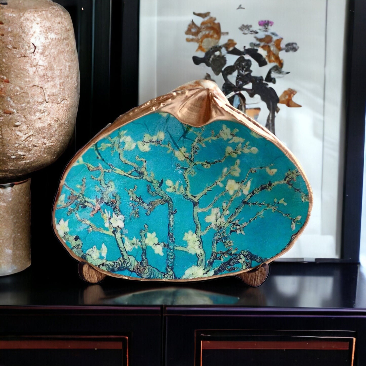 Decoupage Clam Shell Jewelry Dish – Almond Blossoms Art, Coastal Tabletop Decor