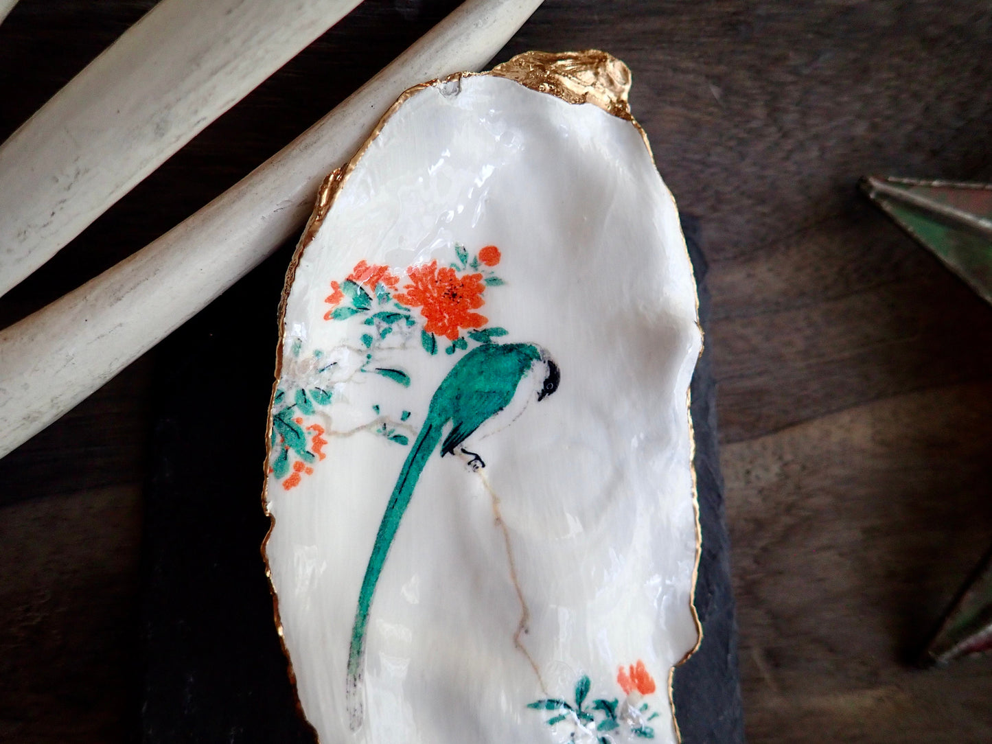 Decoupage Oyster Shell Ring Dish – Bird & Floral Design