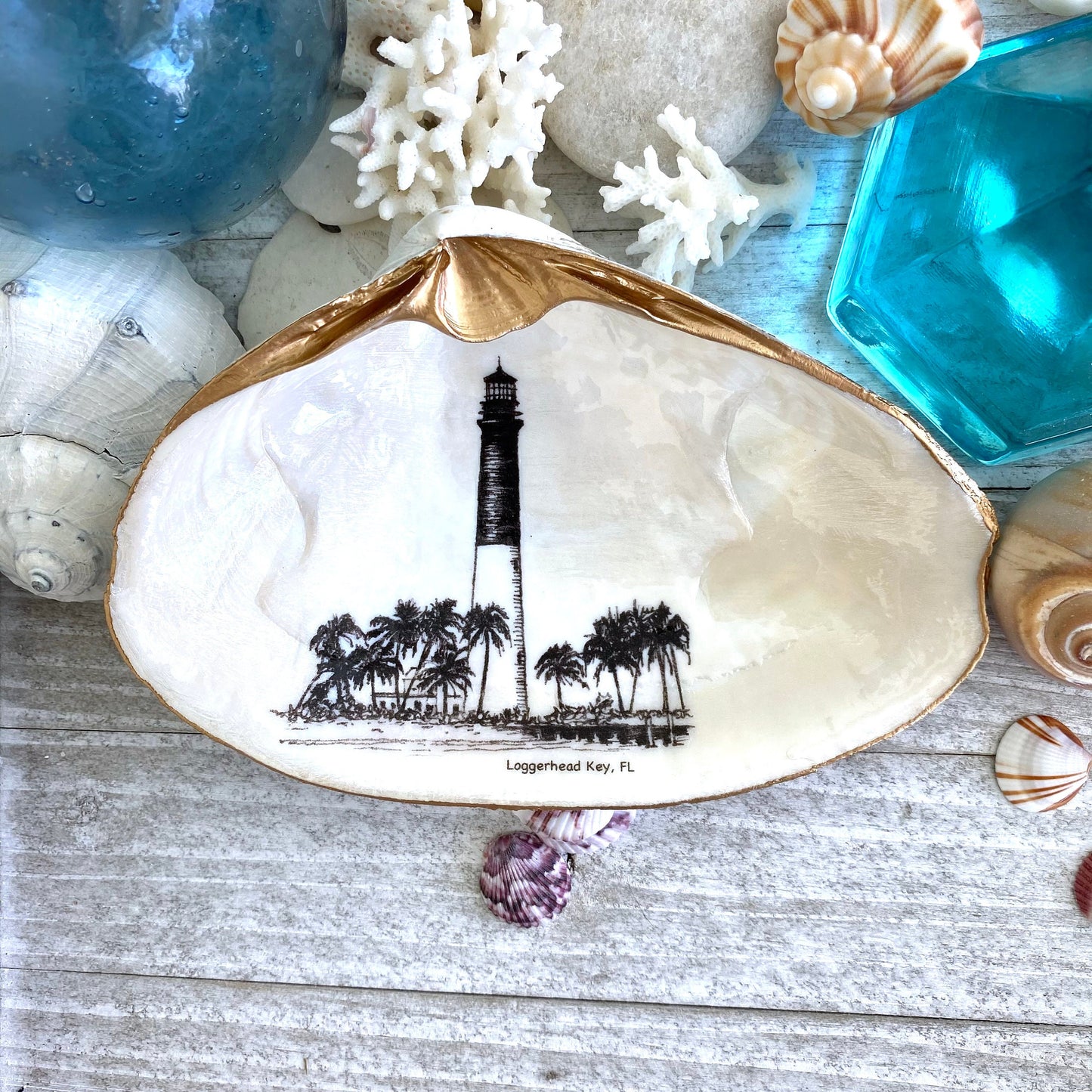 Decoupage Clam Shell Trinket Dish Dry Tortugas Lighthouse Art