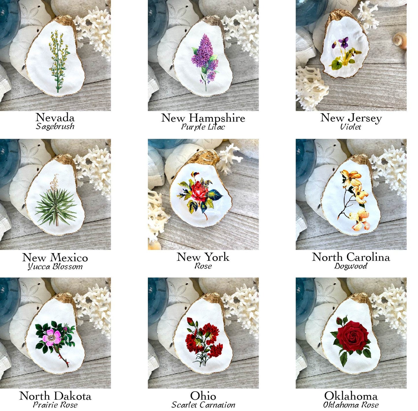 Decoupage Oyster Shell Ring Dish – State Flower Art Coastal Jewelry Holder, Hostess Gift