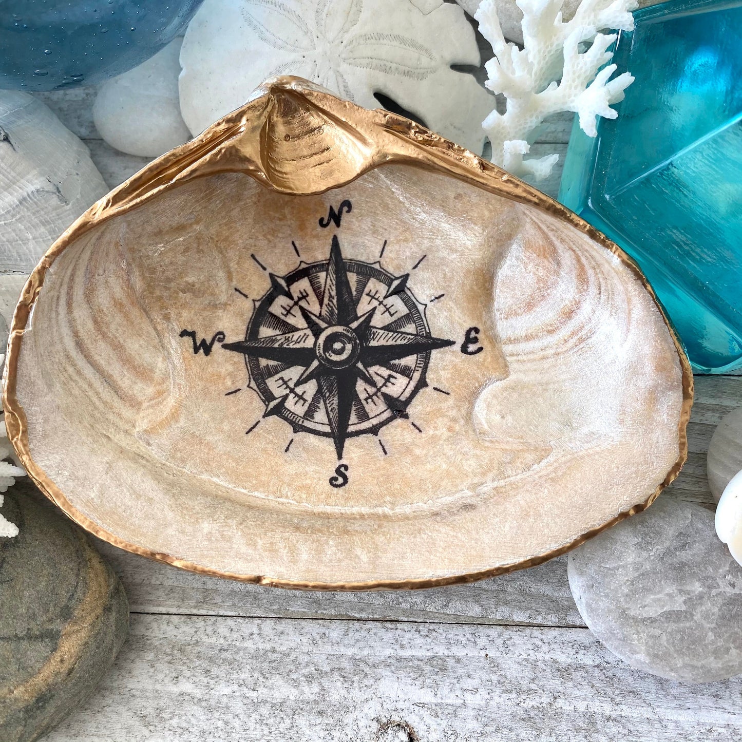 Decoupage Clam Shell Nautical Compass Art Trinket Dish
