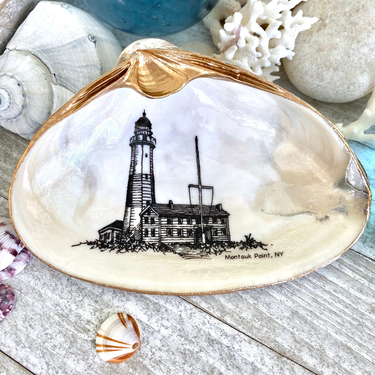 Decoupage Clam Shell Trinket Dish Montauk Lighthouse Art