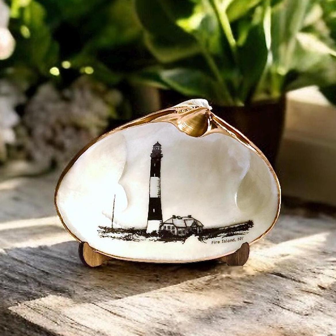 Decoupage Clam Shell Trinket Dish Fire Island Lighthouse Art, Coastal Home Decor