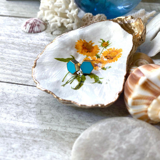 Decoupage Oyster Shell Trinket Dish Sunflower Art