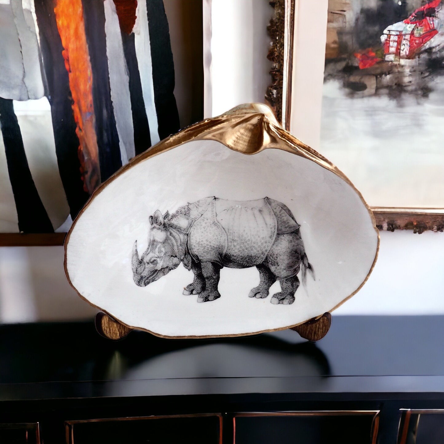 Rhinoceros Art Decoupage Clam Shell Ring Dish – Dürer-Inspired Nature Lover Gift