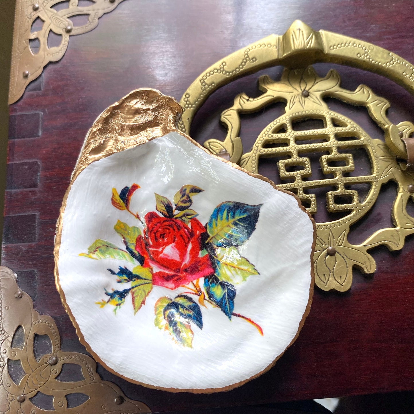Decoupage Oyster Shell Trinket Dish – Rose Art