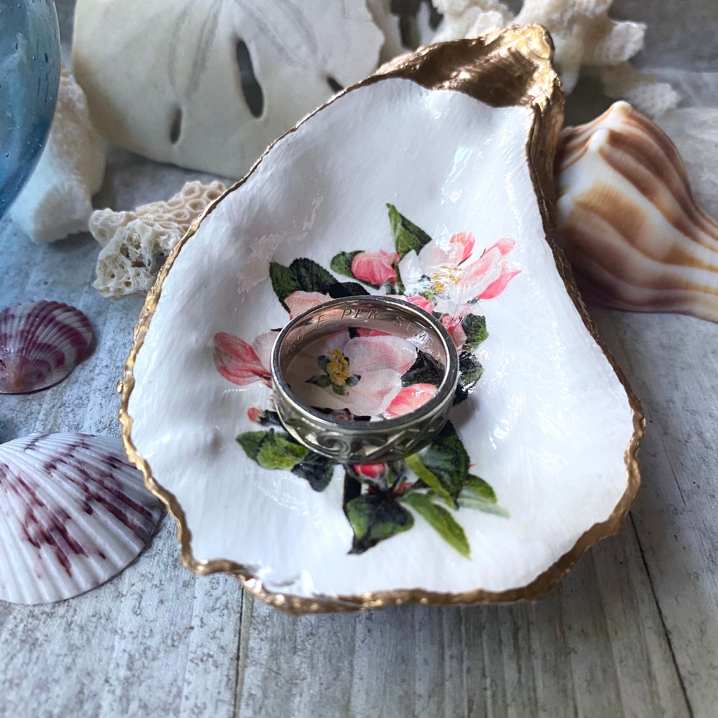 Decoupage Oyster Shell Trinket Dish – Apple Blossom Floral Art