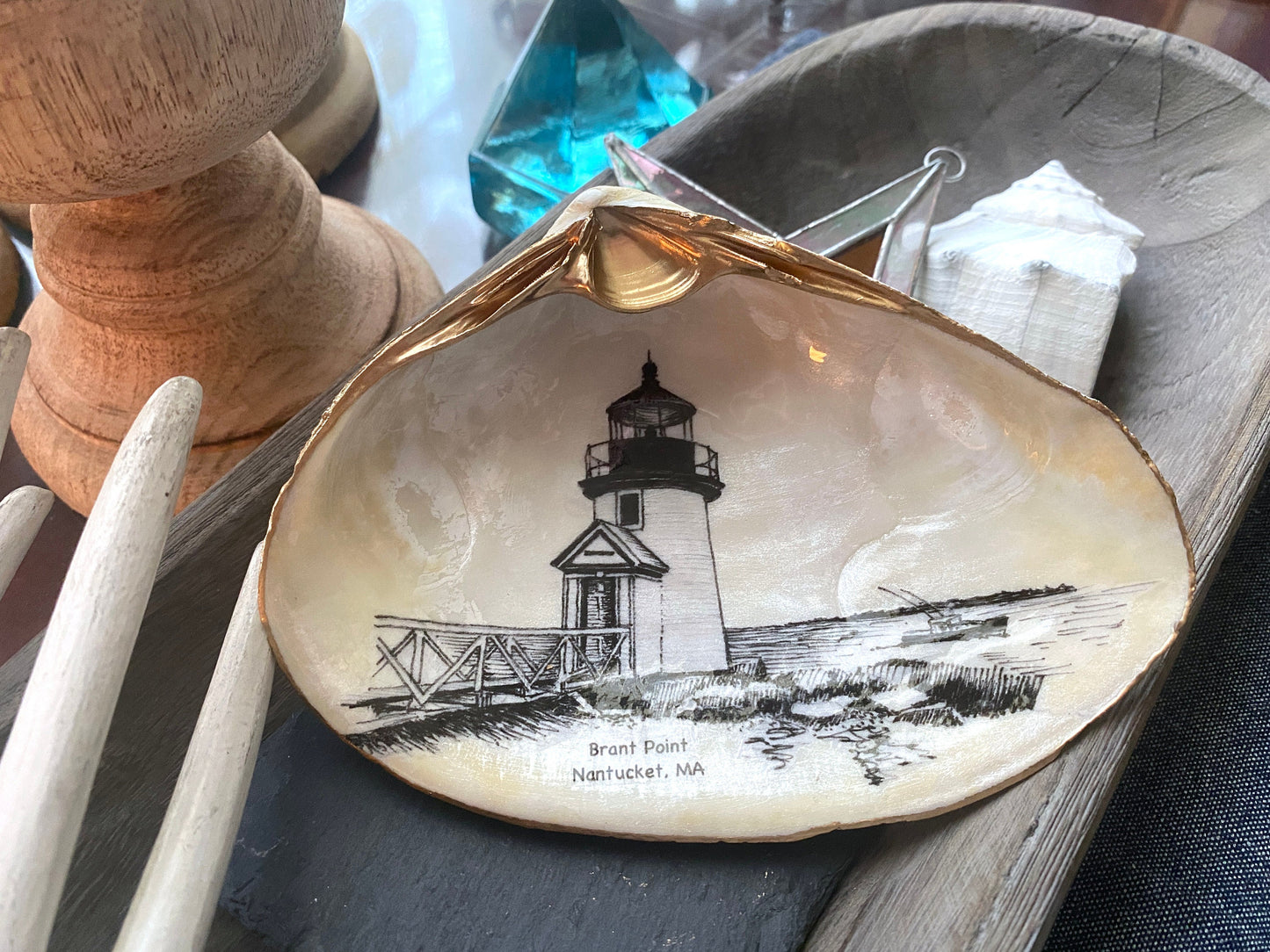 Decoupage Clam Shell Trinket Dish Nantucket Art