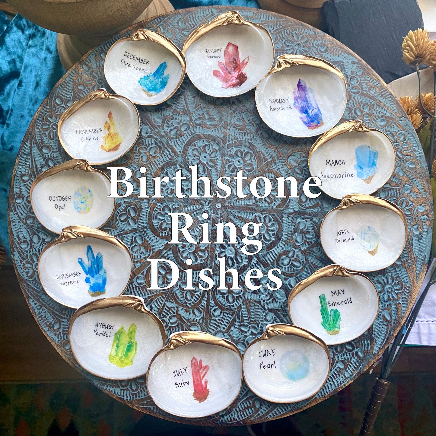 Decoupage Birthstone Clam Shell Ring Dish – Hand-Painted Jewelry Holder, Coastal Decor