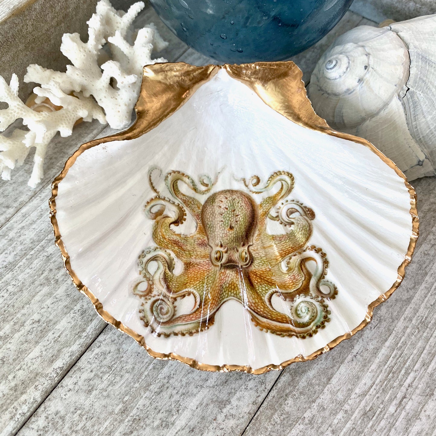 Decoupage Scallop Shell Trinket Dish Octopus Art