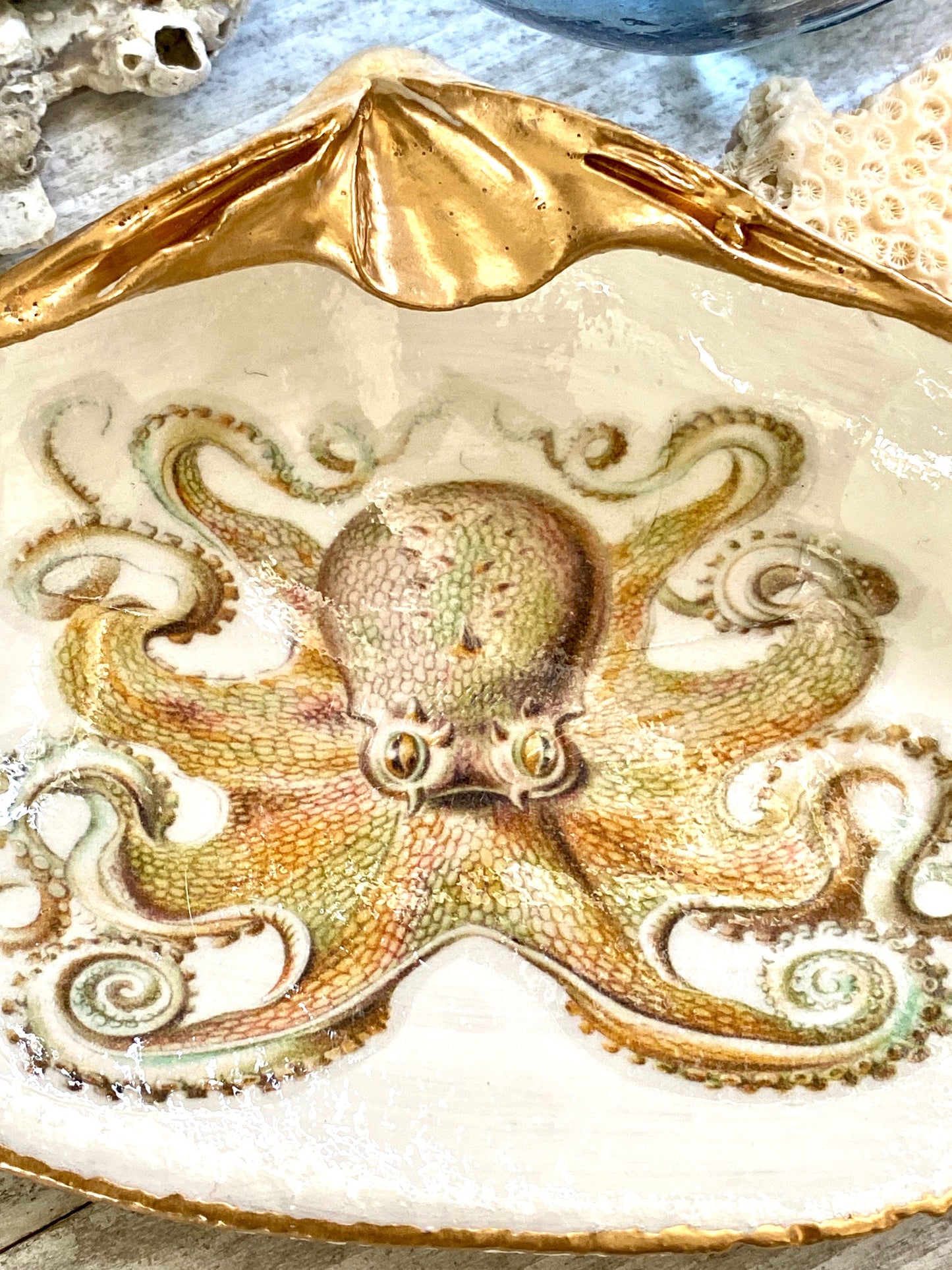Decoupage Clam Shell Gold Octopus Art