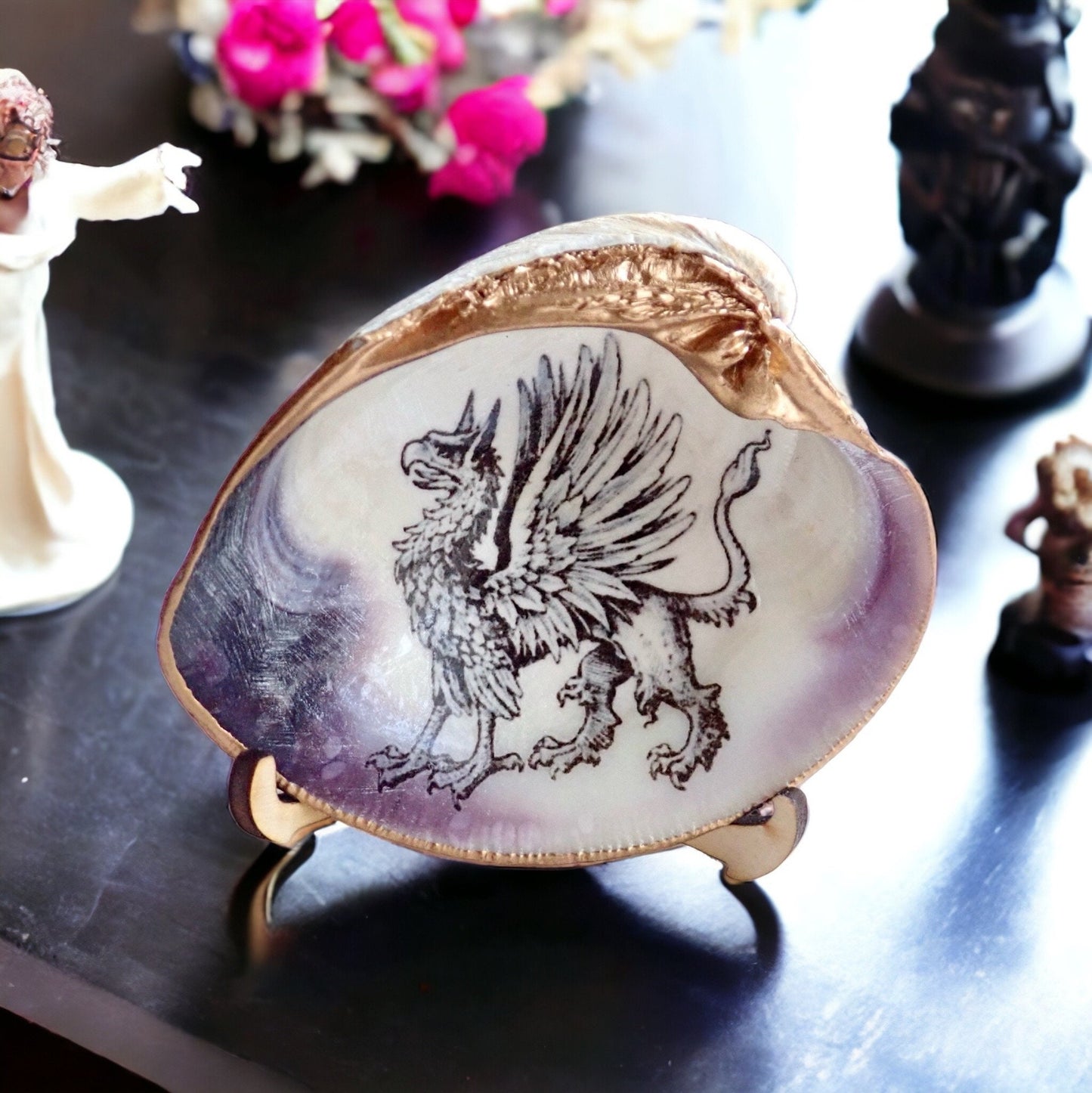 Decoupage Clam Shell Trinket Dish Mythical Griffin Art