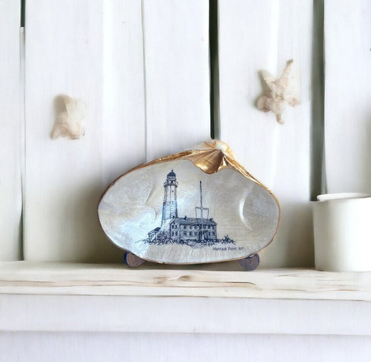 Decoupage Clam Shell Trinket Dish Montauk Lighthouse Art