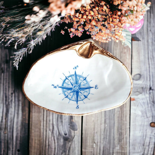 Decoupage Clam Shell Nautical Compass Art Trinket Dish