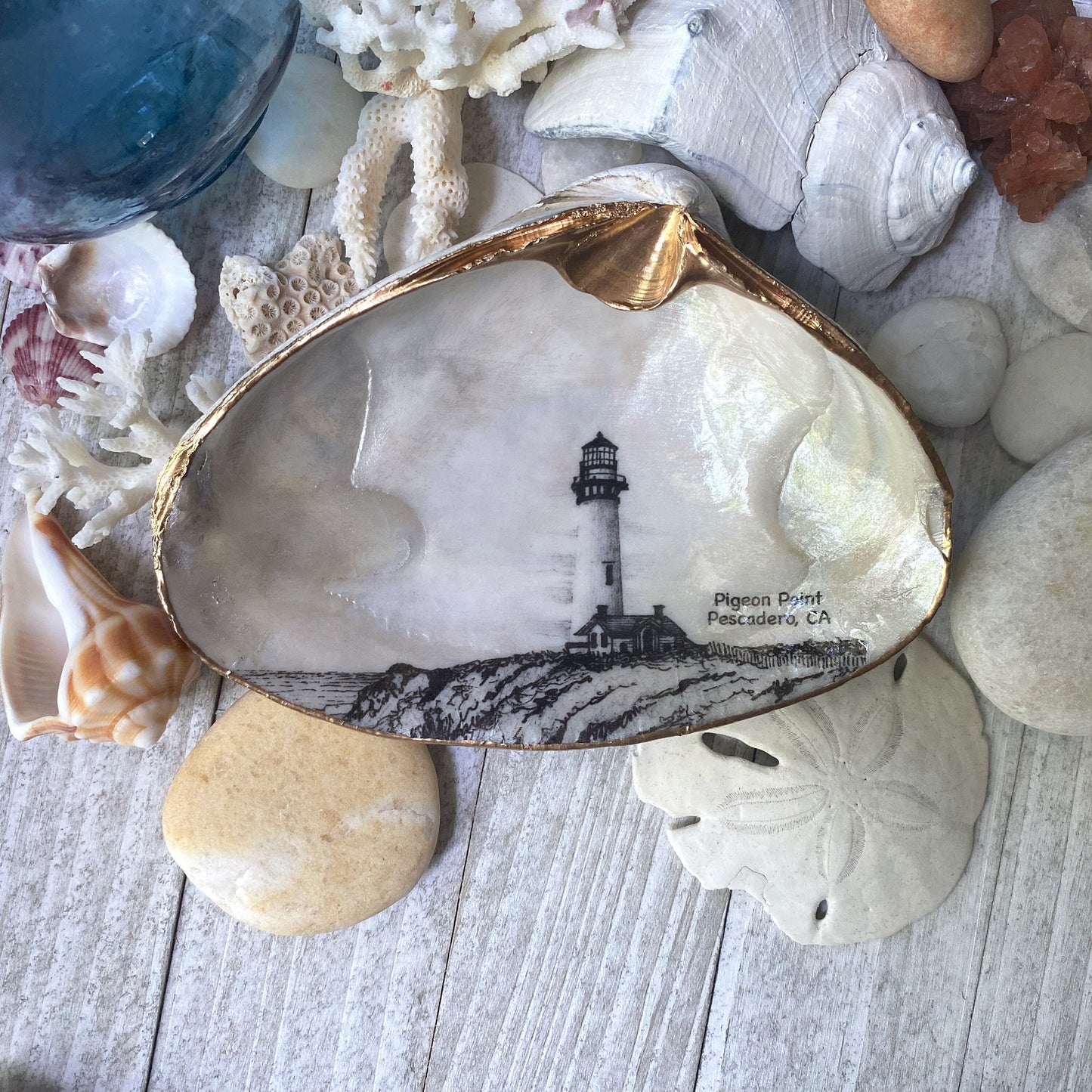 Decoupage Clam Shell Trinket Dish Pigeon Point Lighthouse Art