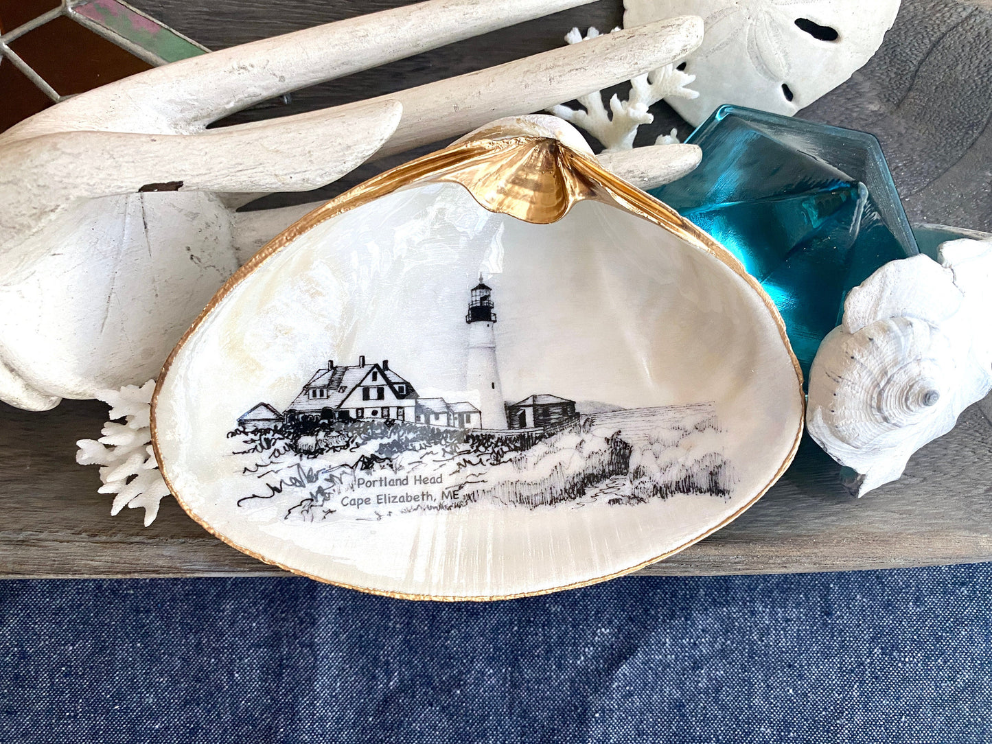 Decoupage Clam Shell Trinket Dish Portland Head Lighthouse