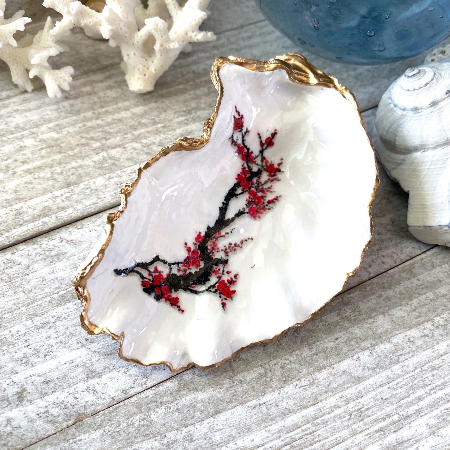 Decoupage Oyster Shell Trinket Dish Cherry Blossom Art