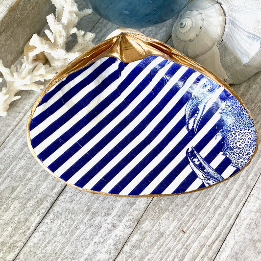 Blue & White Stripe Decoupage Clam Shell Trinket Dish