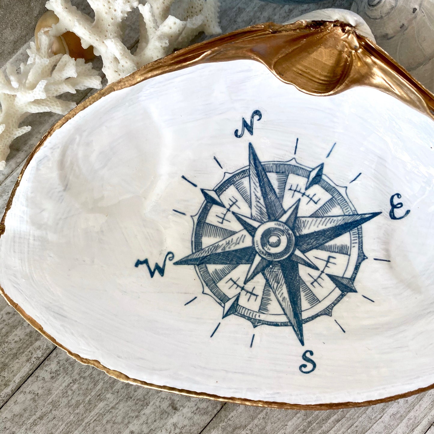 Decoupage Clam Shell Nautical Compass Art Trinket Dish