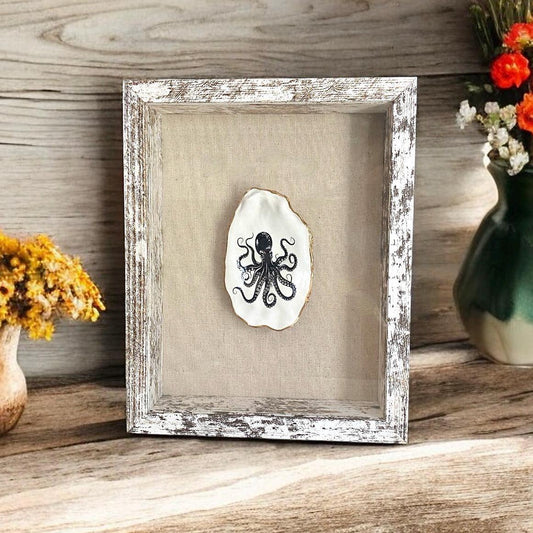 Decoupage Octopus Oyster Shell Shadow Box – Hand-Crafted Coastal Wall Hanging, Nautical Gift