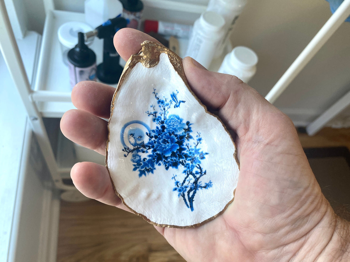 Decoupage Chinoiserie Oyster Shell Ring Dish – Hand-Crafted Coastal Jewelry Holder, Hostess Gift