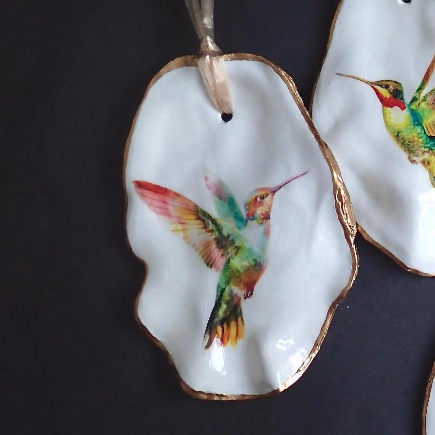 Holiday Ornament Decoupage Hummingbird Oyster Shell