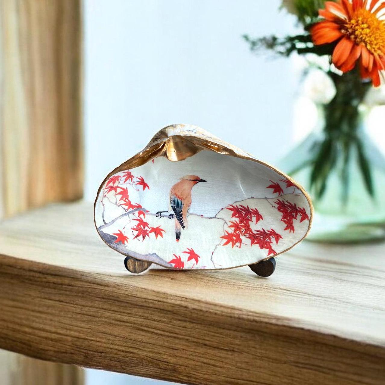 Cedar Waxwing Bird Decoupage Clam Shell Ring Dish