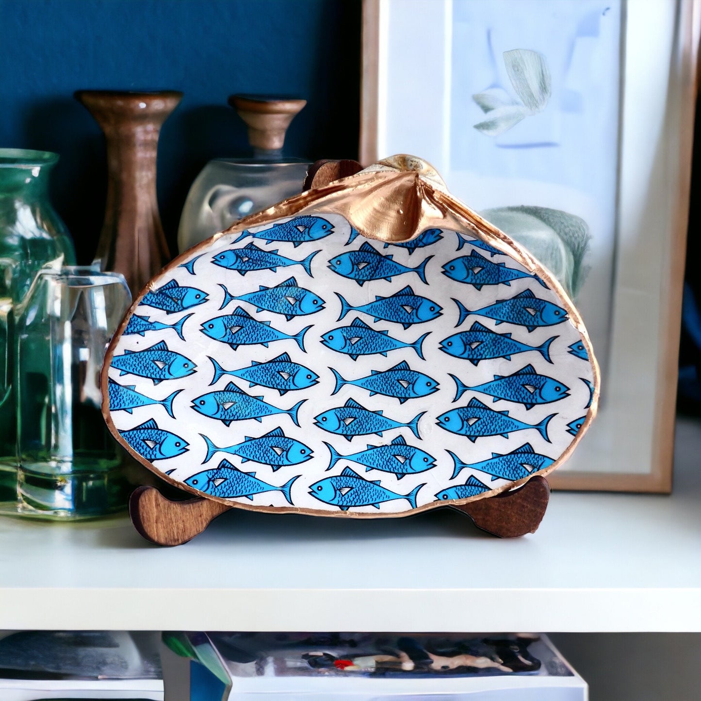 Decoupage Blue & White Clam Shell Ring Dish – Fish Art Coastal Jewelry Holder, Nautical Gift