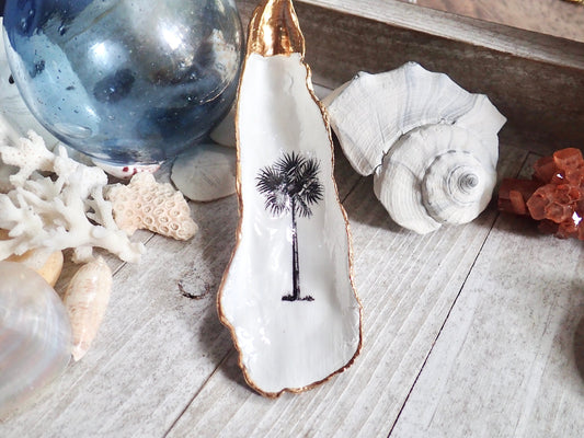 Decoupage Palm Tree Oyster Shell Ring Dish – Coastal Jewelry Holder, Nautical Gift