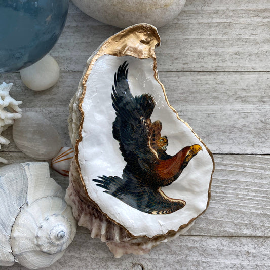 Decoupage Oyster Shell - Golden Eagle, Bird Lover Home Decor