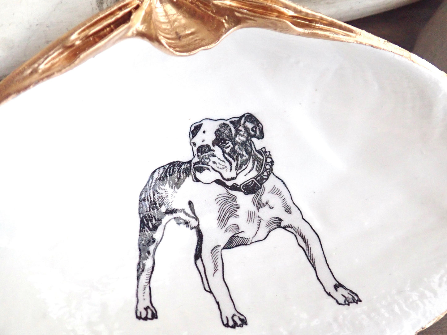 Dog Lover Gift – Decoupage Clam Shell Trinket Dish Vintage Bulldog Art