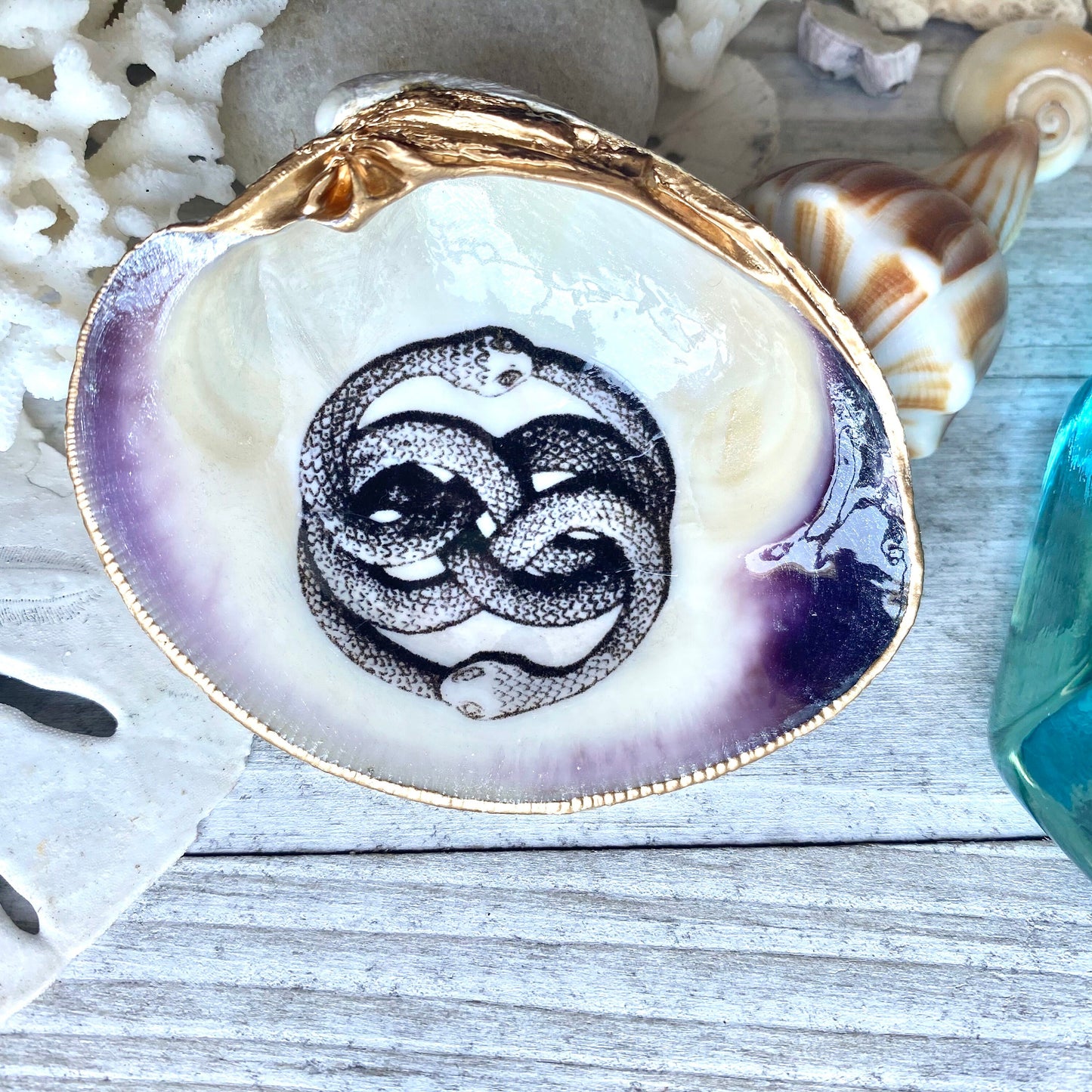 Decoupage Clam Shell Ring Dish – Ouroboros  Art, Mystical Coastal Decor