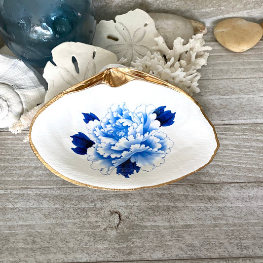 Decoupage Clam Shell Trinket Dish Floral Chinoiserie Art