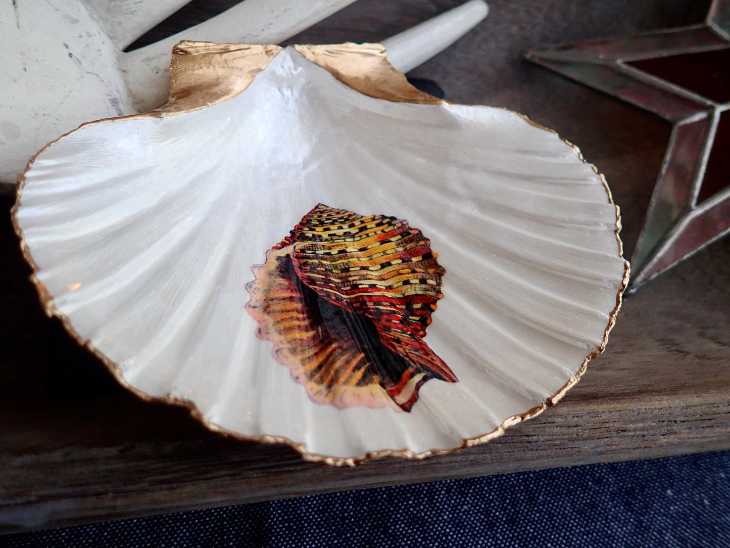 Decoupage Scallop Shell Trinket Dish Conch Shell Art