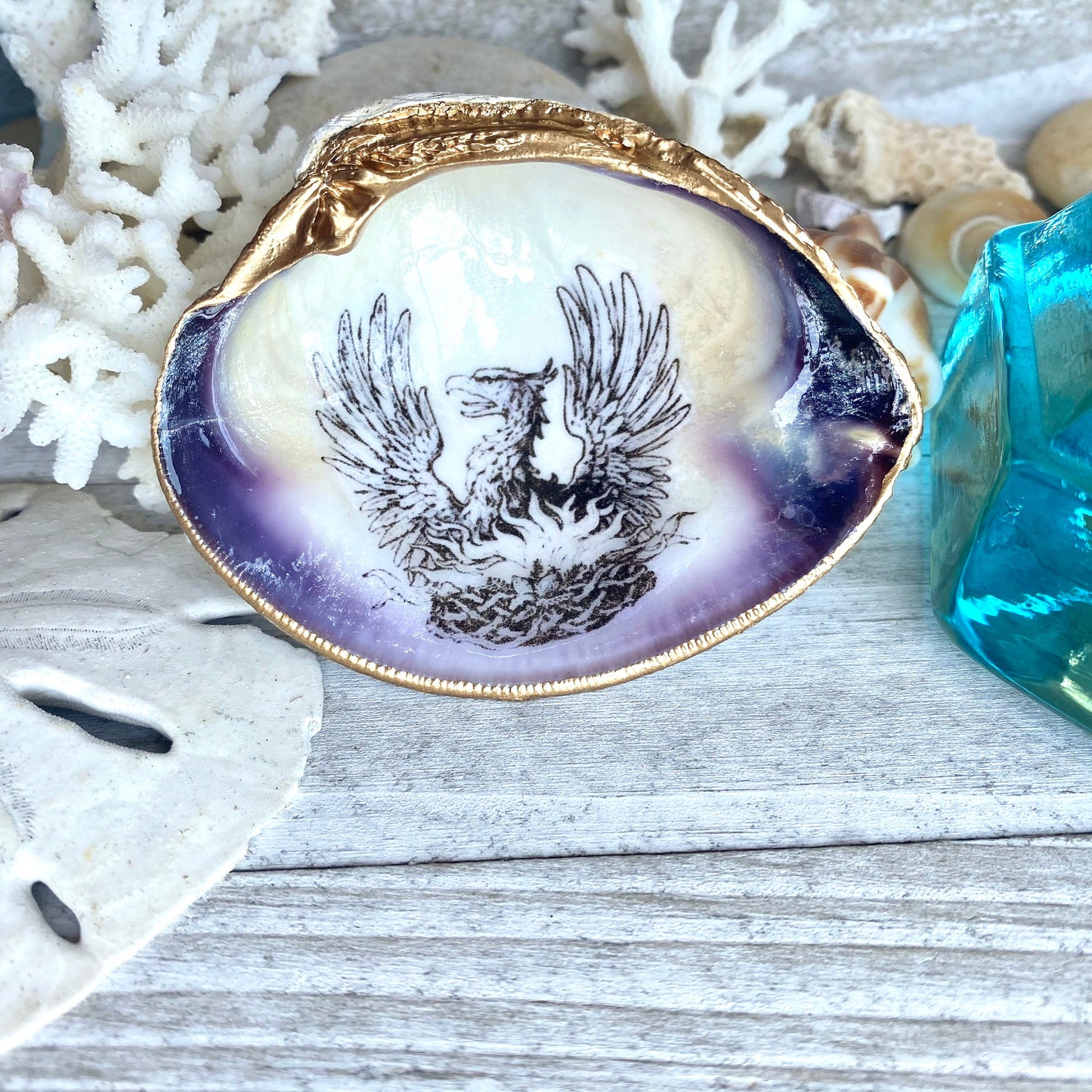 Decoupage Phoenix Clam Shell Ring Dish – Coastal Jewelry Holder, Mythology Decor