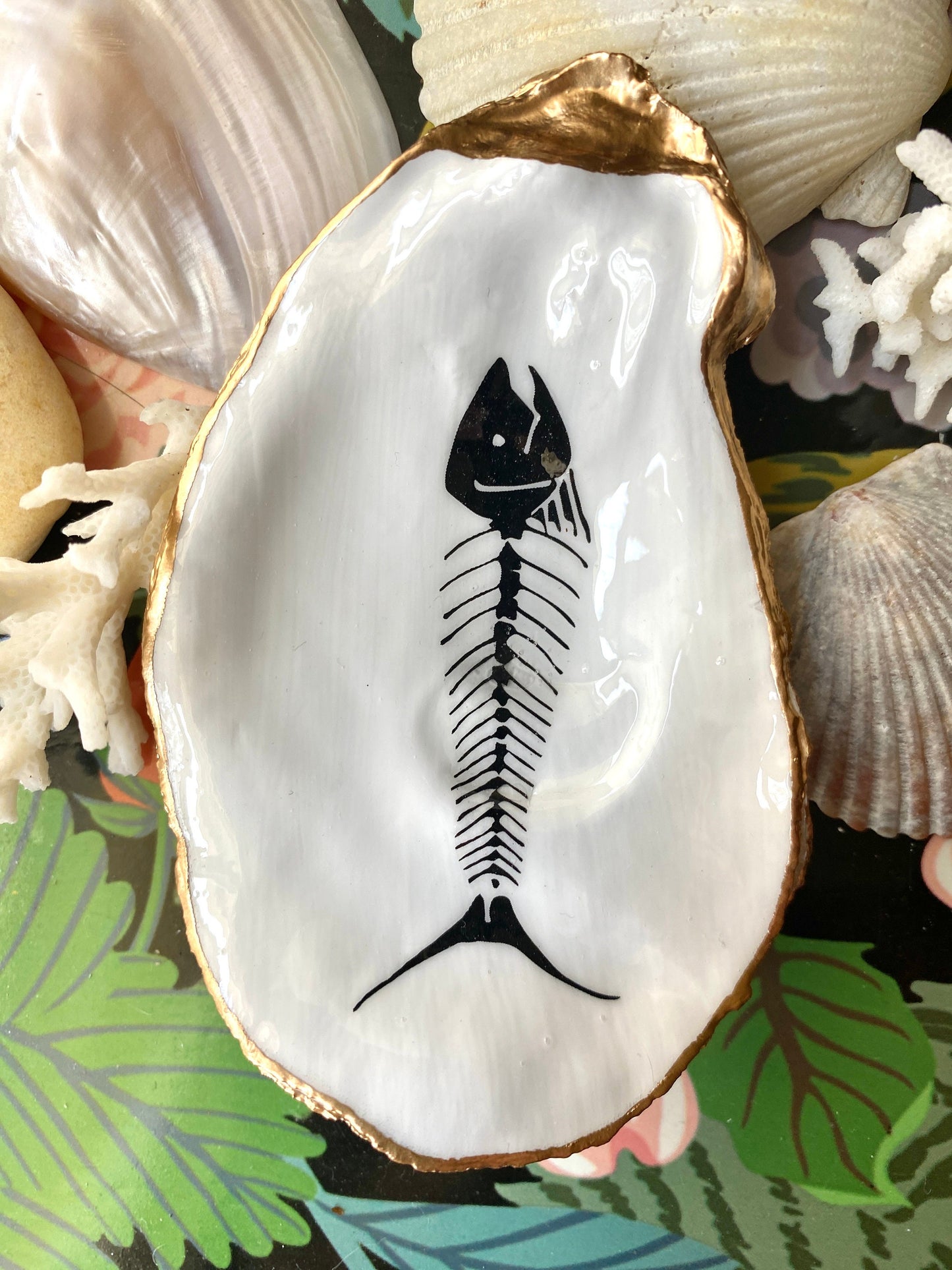 Decoupage Oyster Shell Jewelry Dish – Fish Skeleton, Nautical Halloween Decor