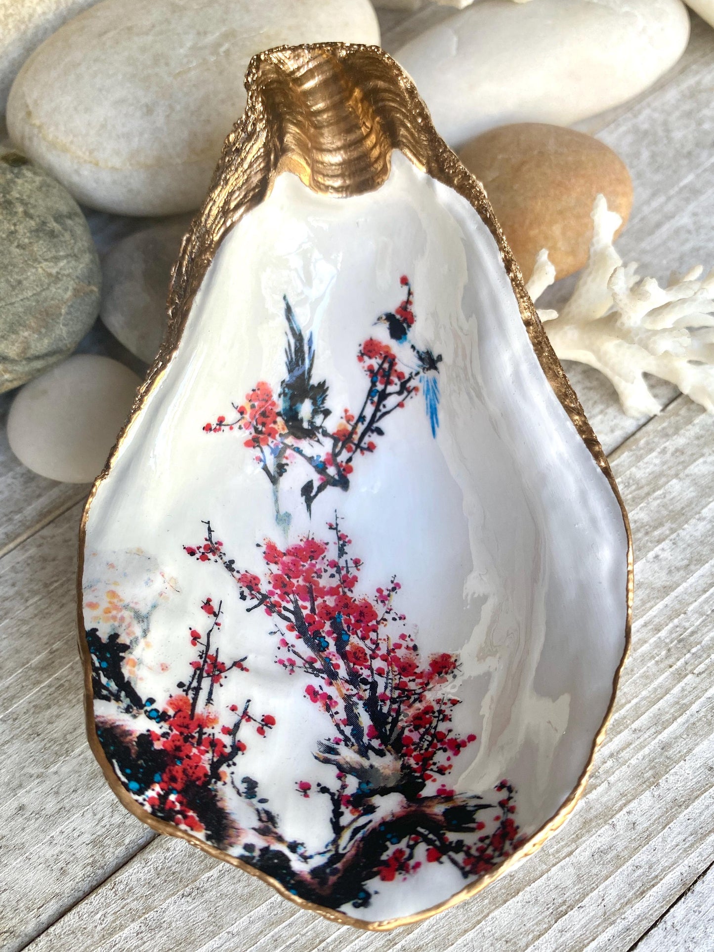 Cherry Blossom Oyster Shell Trinket Dish – Hand-Crafted Decoupage Art