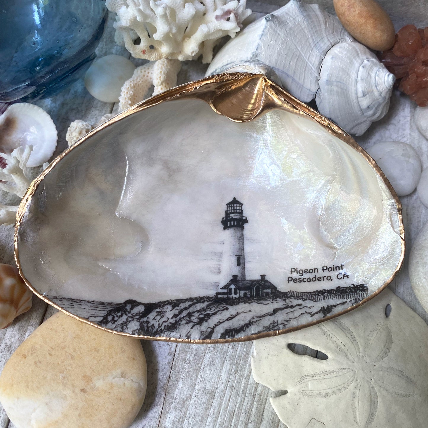 Decoupage Clam Shell Trinket Dish Pigeon Point Lighthouse Art
