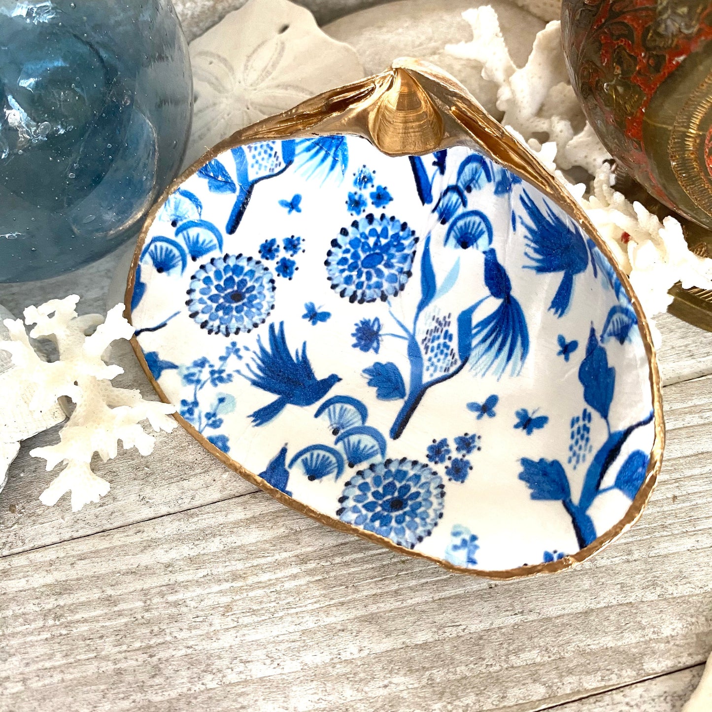 Decoupage Clam Shell Ring Dish – Delft Blue & White Design, Coastal Accent